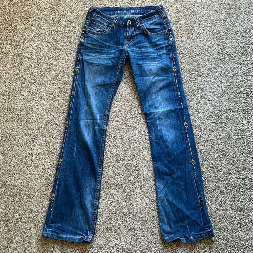 Cowgirl Tuff Natural Peacemaker Jeans Size 25 X 33 Studded Arrow Stitching